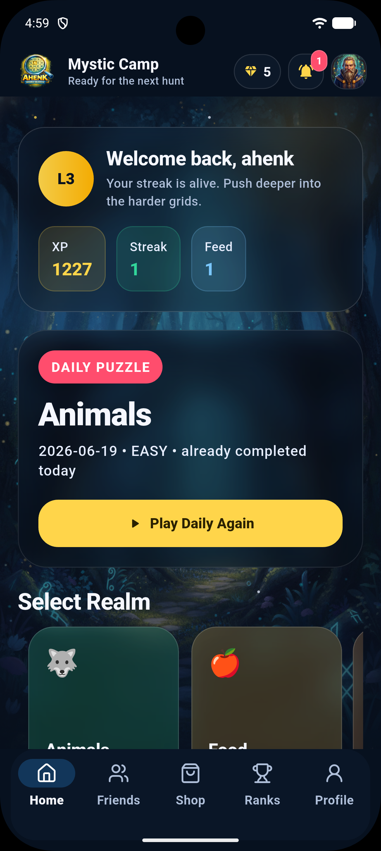 Gameplay screen showing a word grid and list of words to find